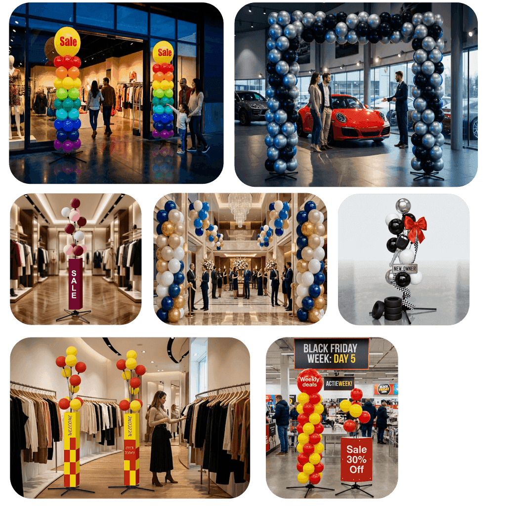 Ballonpilaren in huisstijlkleuren bij winkelentree als professioneel signage