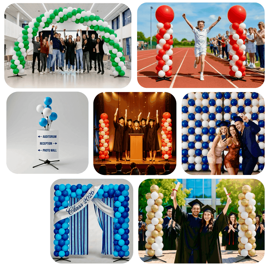 Herbruikbare ballonpilaren bij diploma-uitreiking in aula van onderwijsinstelling