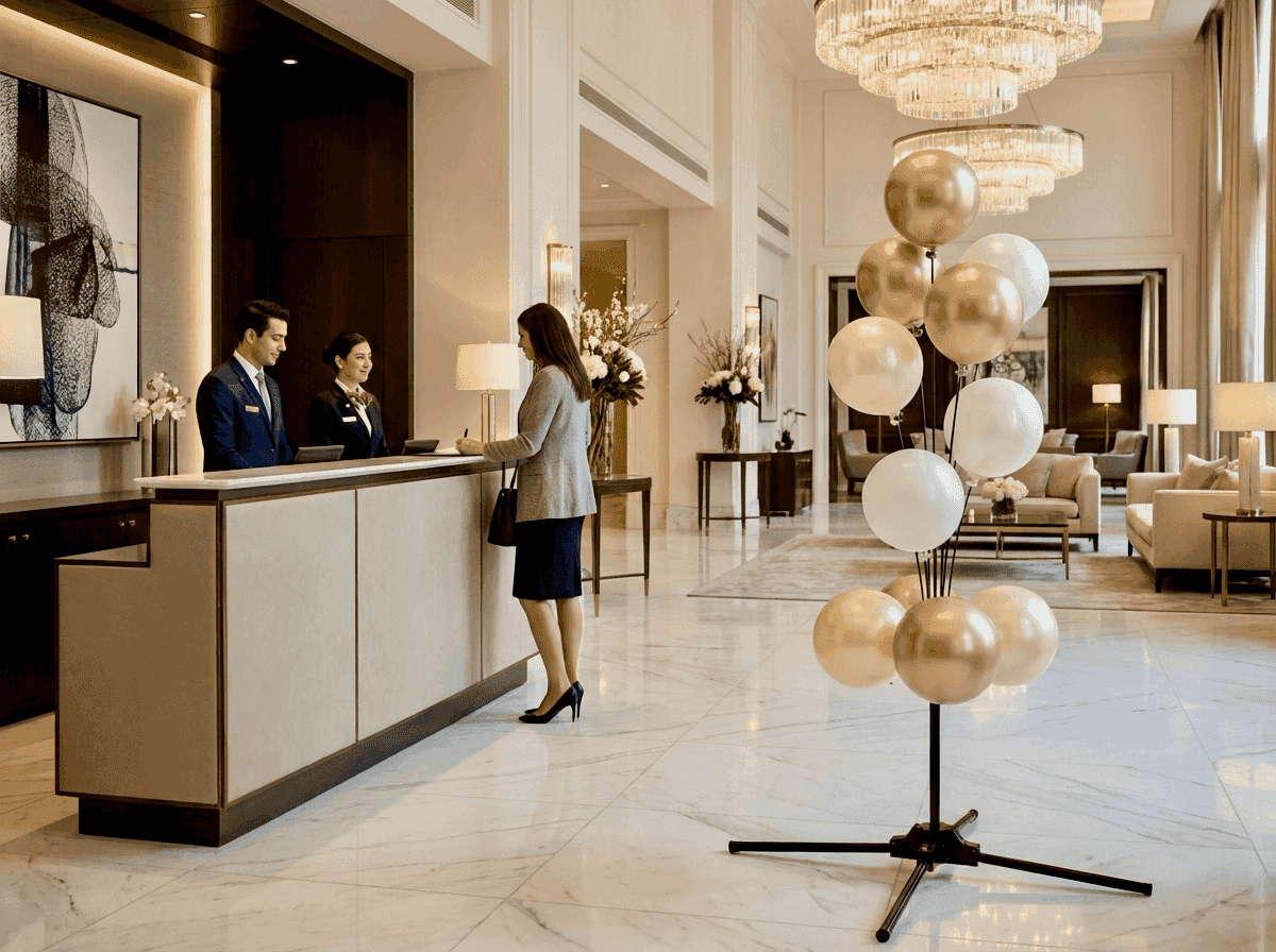 PilaMania ballonfontein in champagne en wit in de lobby van een luxe hotel